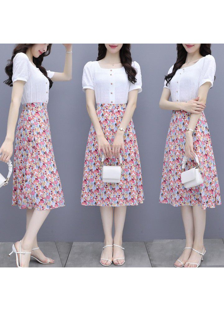 2021 summer new style elegant suit short sleeve half open collar blouse + ink printing skirt