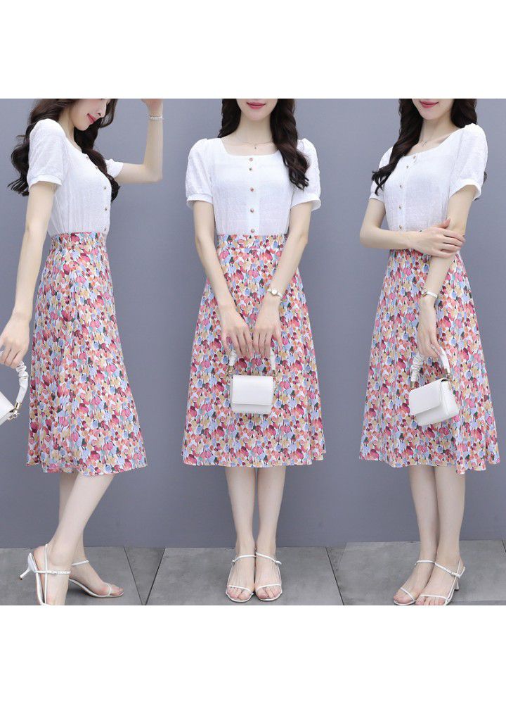 2021 summer new style elegant suit short sleeve half open collar blouse + ink printing skirt