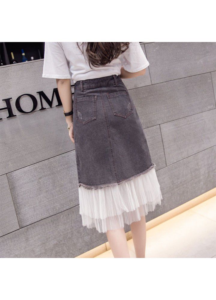 Real shot 2021 spring and summer new Korean versatile high waist denim mesh skirt