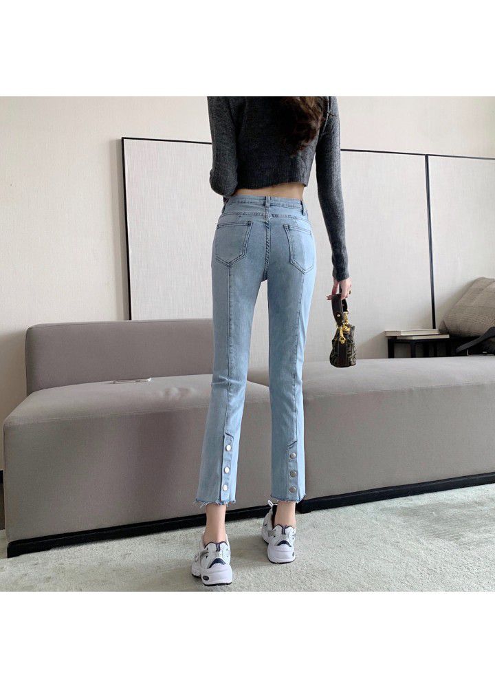 Wholesale 2021 spring high waist jeans women's straight tube loose and thin stitching button pipe