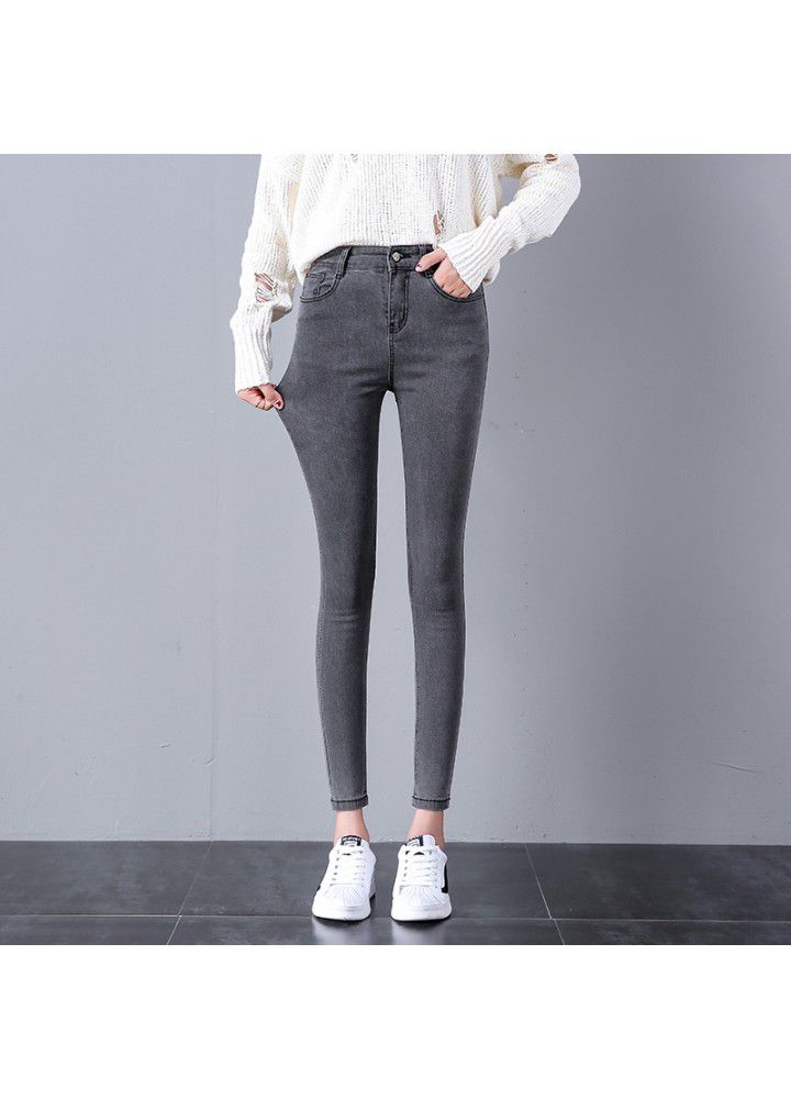High waisted jeans women's Capris spring Korean version slim feet stretch black student pencil Capris