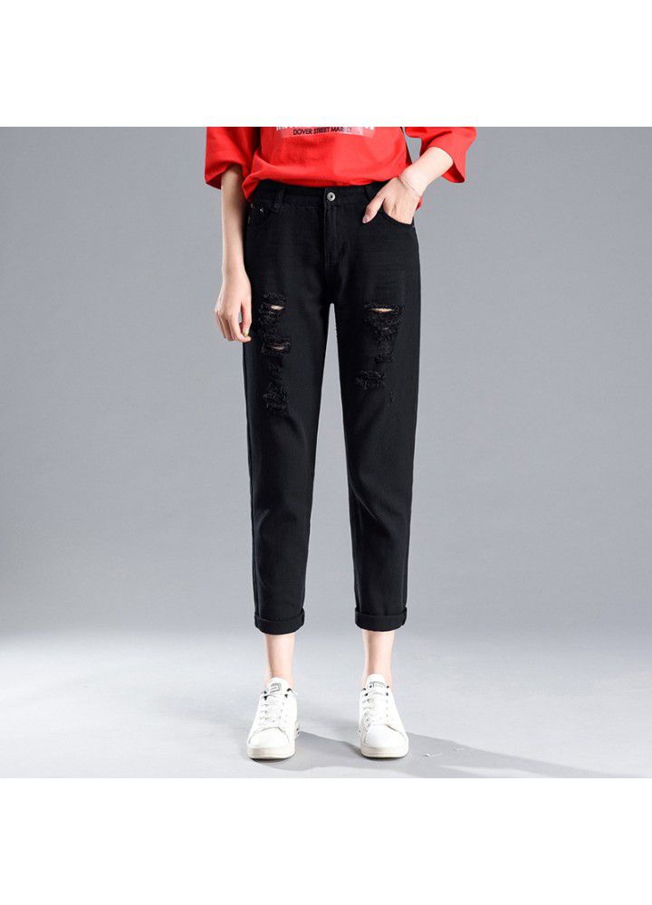 Slim jeans women's hole 9-point-2021 new fashion women's summer SLIM STRAIGHT pants
