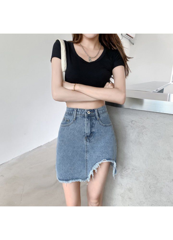 2021 summer thin Denim Short Skirt women's high waist slim fashion random hem skirt a hair substitute