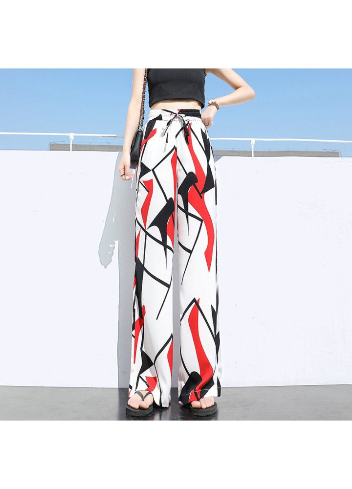 Large size wide leg pants 2021 summer new women's printing tie dyeing loose Korean Girls College style casual pants