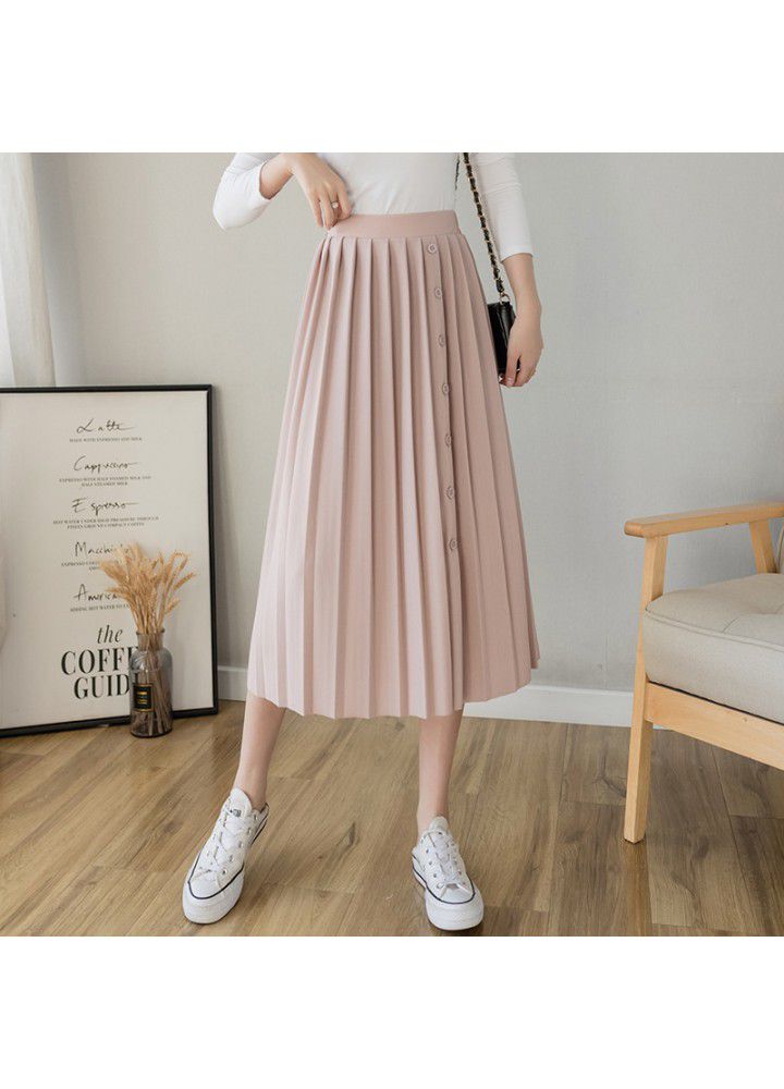 Spring and summer 2021 new Korean press fold breasted skirt elastic waist large pleated skirt medium length skirt