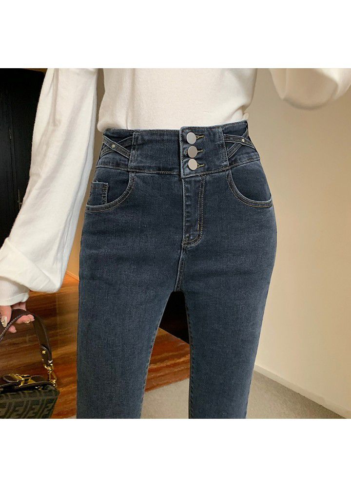 2021 new breasted high waist skinny jeans for women in spring and Autumn