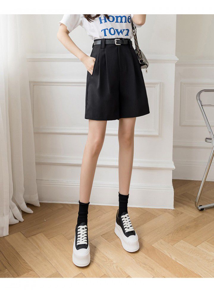 2021 spring and summer new casual pants women's High Waist Wide Leg Pants show thin suit 5-point shorts loose straight belt
