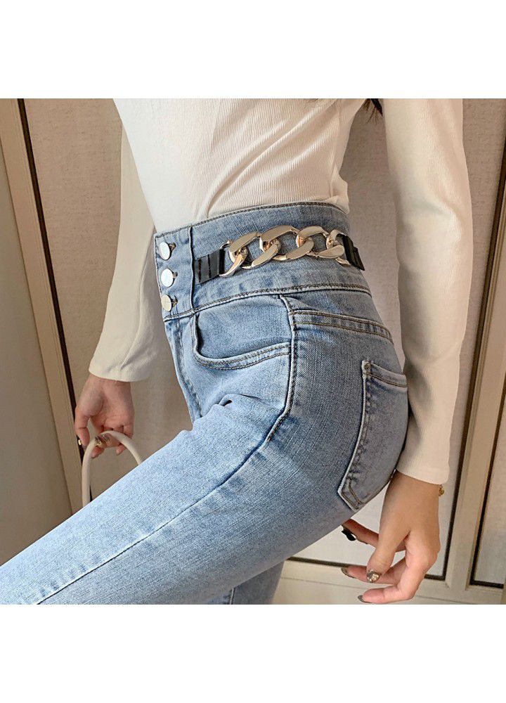 2021 spring new high waist jeans women's chain tight show thin nine pencils small feet long pants nine