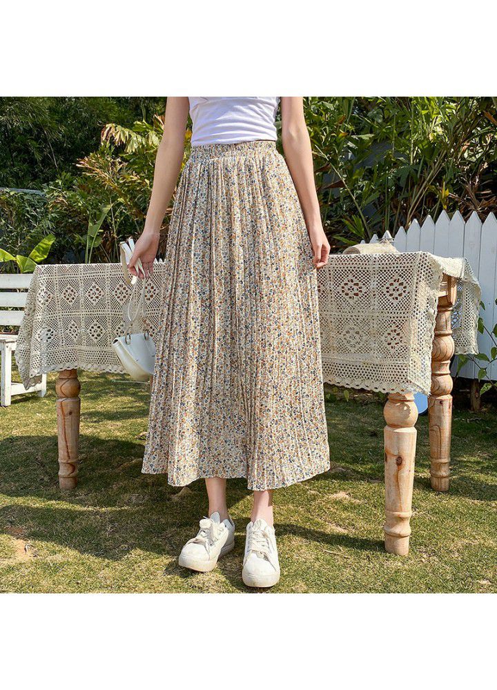 Real shot Chiffon floral skirt women's 2021 spring and summer new Korean high waist small mid length pleated skirt