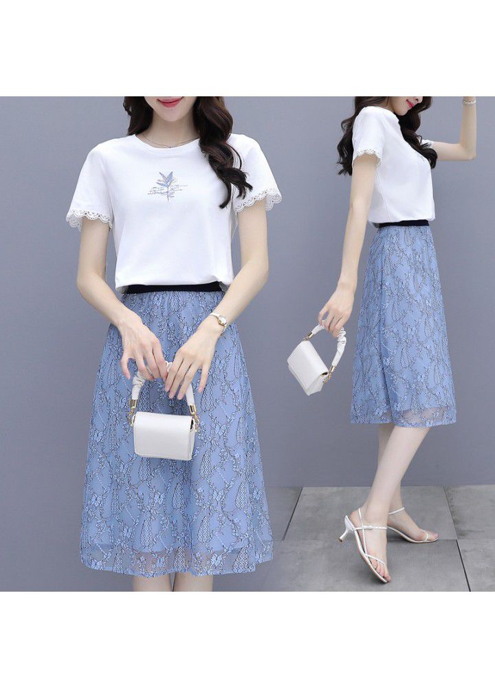 2021 summer new suit elegant temperament age reducing thin T-shirt gauze skirt women's two piece set