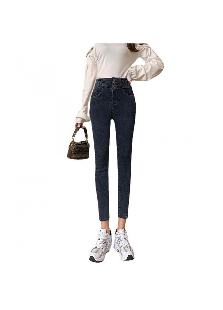 2021 spring new style real shot high waist buckle show high show thin elastic Leggings pencil slim nine point trend