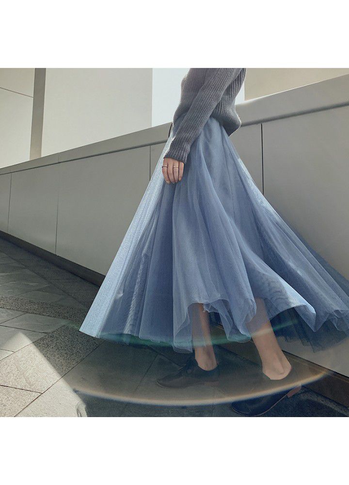 12 colors in 2020 spring new Korean mid long mesh skirt women's high waist slim A-line swing skirt