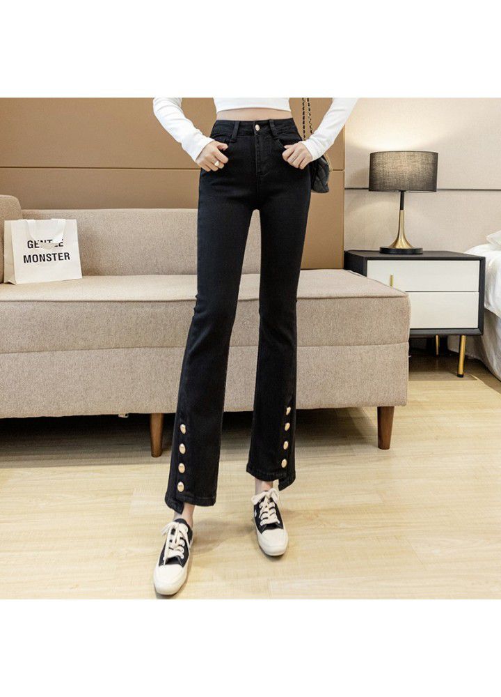 Skinny jeans women's 2021 spring and summer new high waist elastic small foot pencil pants split pants