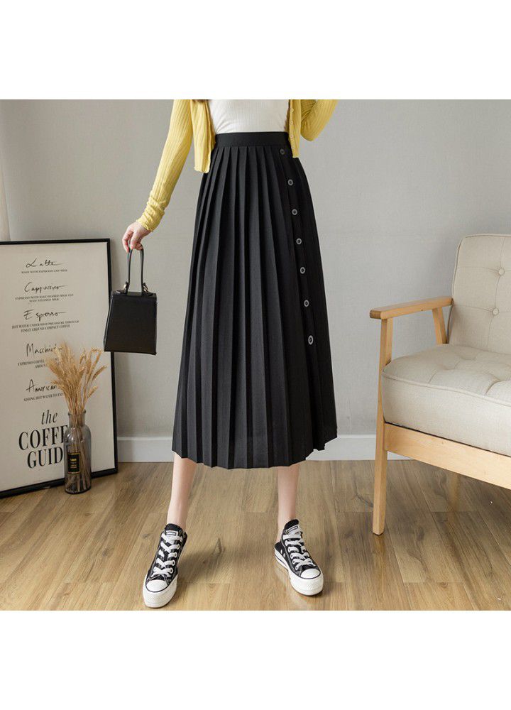 Spring and summer 2021 new Korean press fold breasted skirt elastic waist large pleated skirt medium length skirt