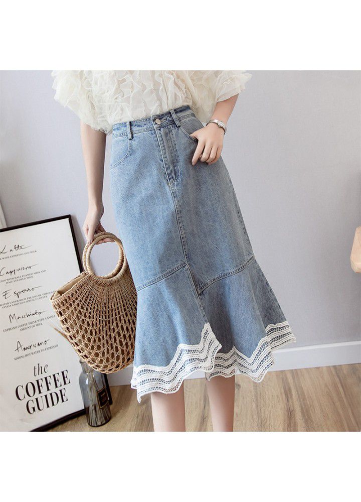 Real shot 2021 summer new Korean versatile high waist lace splicing mid length denim skirt