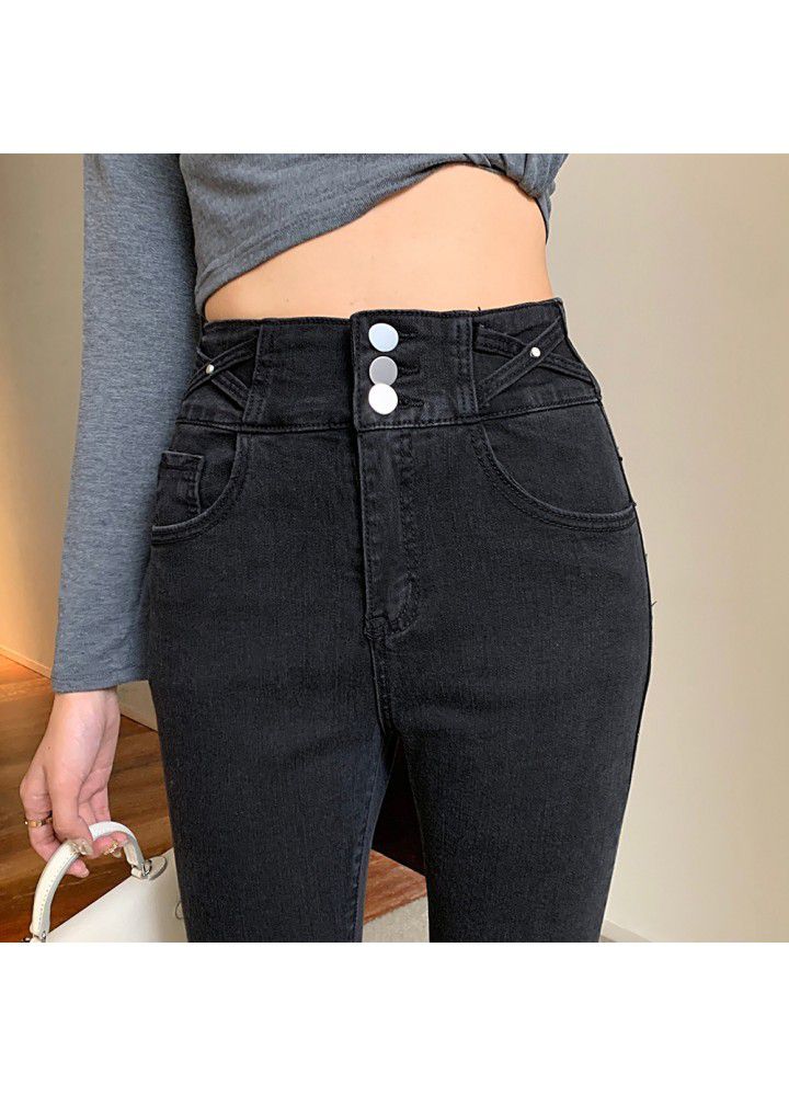 2021 new breasted high waist skinny jeans for women in spring and Autumn