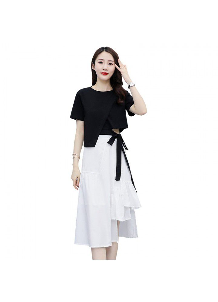 2021 summer new women's fashion temperament irregular design short top + skirt suit two piece set