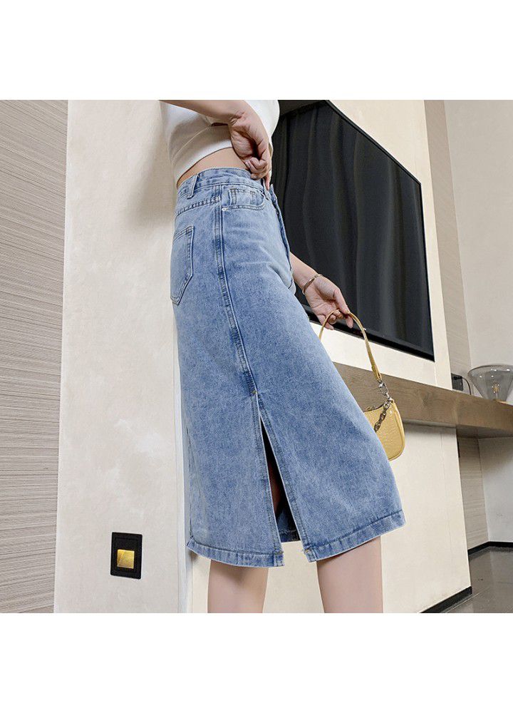 Denim skirt women's summer high waist thin cotton slim split length skirt Korean new A-line skirt batch
