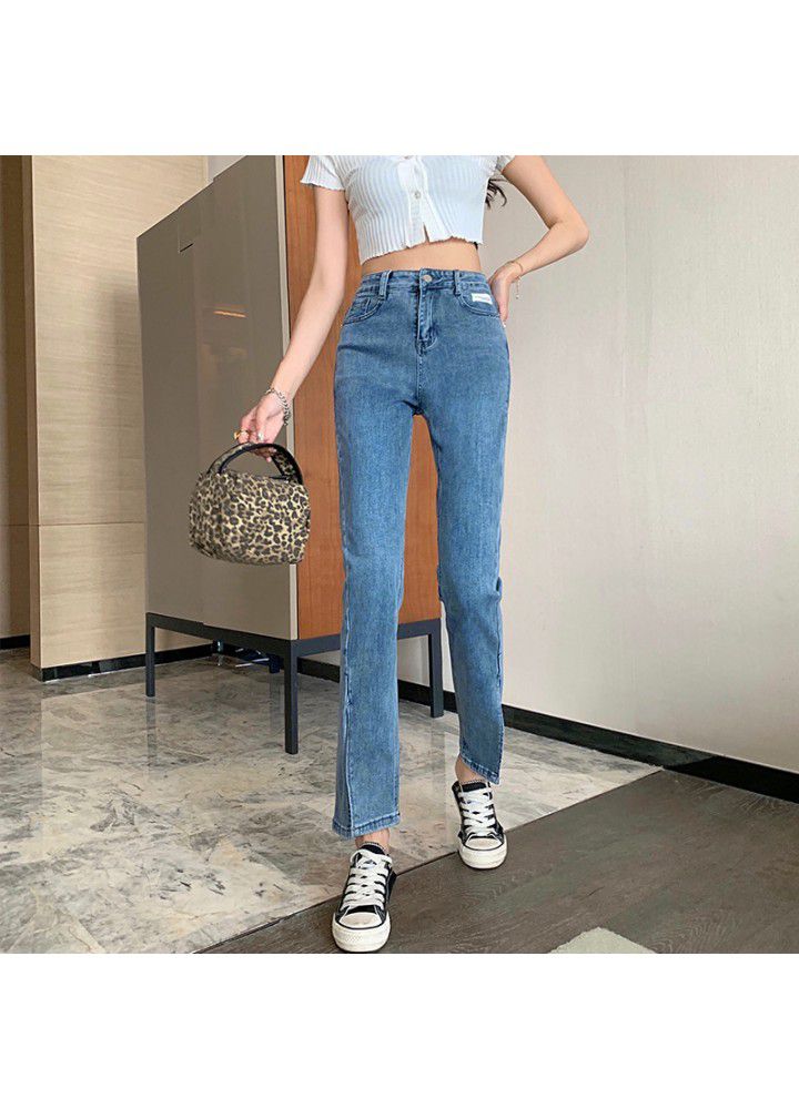 2021 spring new photo light color high waist jeans women's slim slim slim wide leg straight tube micro pants