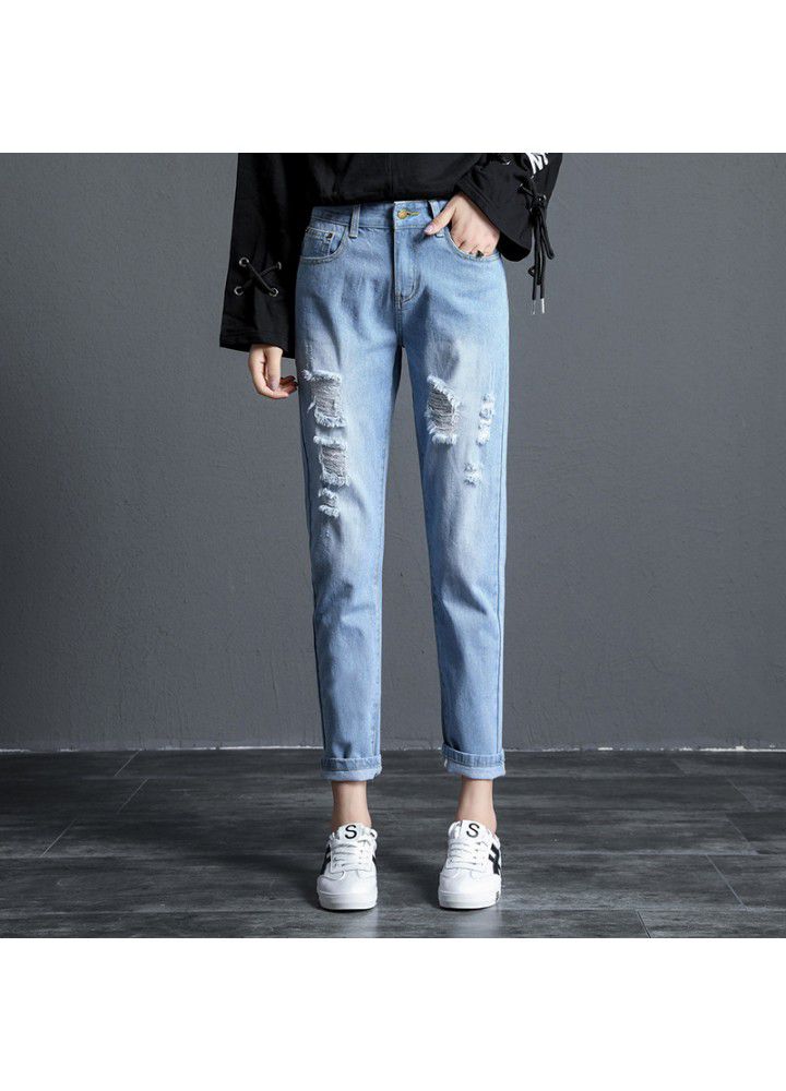 Slim jeans women's hole 9-point-2021 new fashion women's summer SLIM STRAIGHT pants