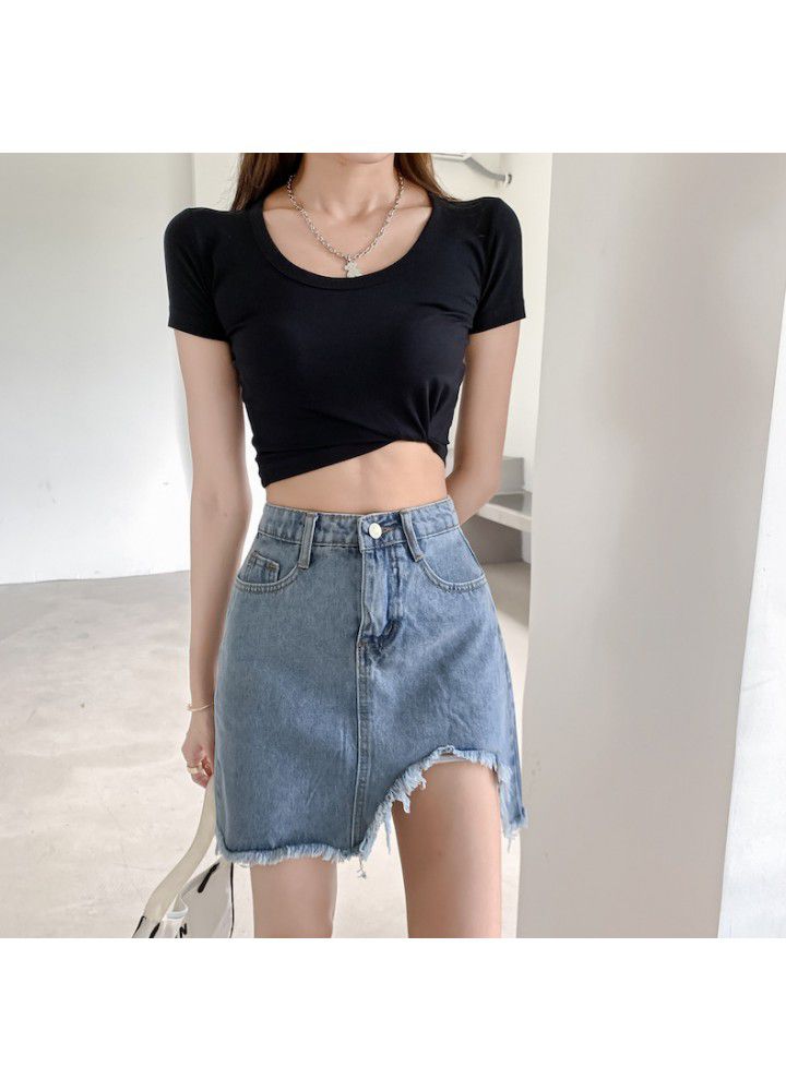 2021 summer thin Denim Short Skirt women's high waist slim fashion random hem skirt a hair substitute