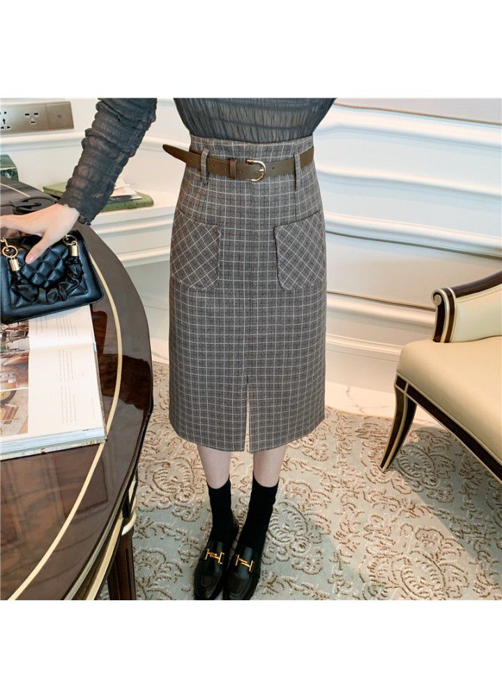 Autumn and winter 2020 new woolen Plaid mid length skirt with high and thin waist