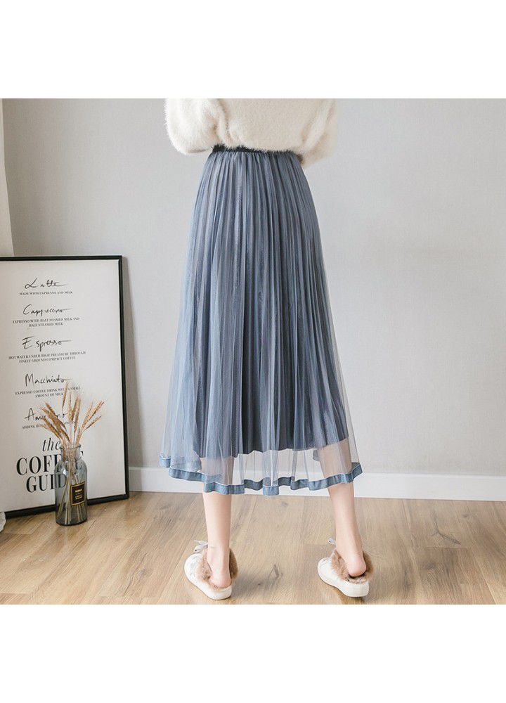 Real shot 2020 spring new Korean splicing velvet pleated gauze skirt women's mid length Fairy Dress