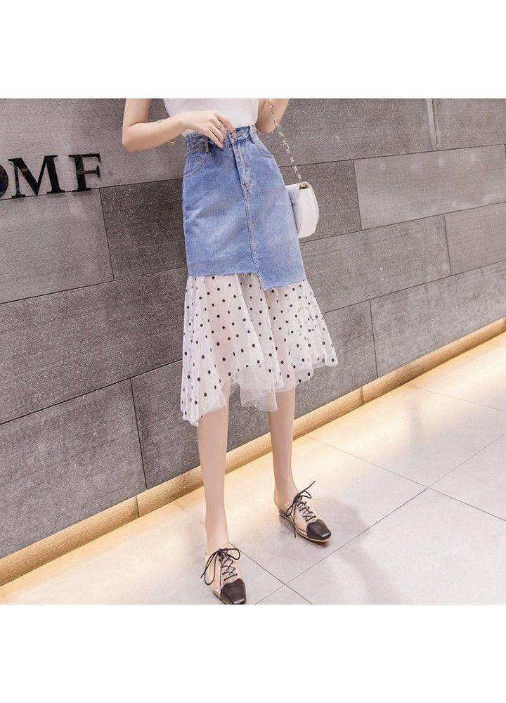 Real photo 2021 summer new Korean splicing dot gauze denim skirt medium length high waist skirt for women
