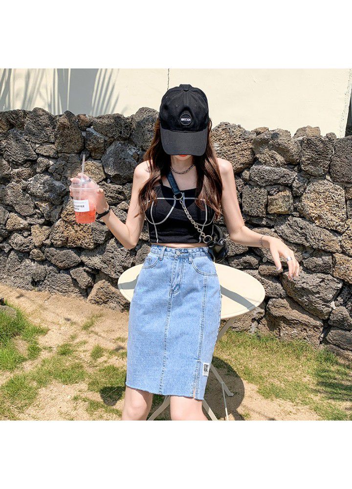 Split denim skirt women's summer cotton 2021 new Korean high waist slim bag hip small A-line short skirt