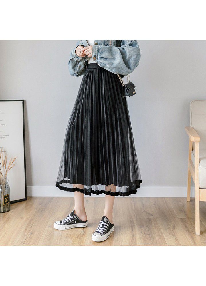 Real shot 2020 spring new Korean splicing velvet pleated gauze skirt women's mid length Fairy Dress