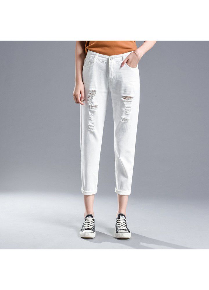 Slim jeans women's hole 9-point-2021 new fashion women's summer SLIM STRAIGHT pants