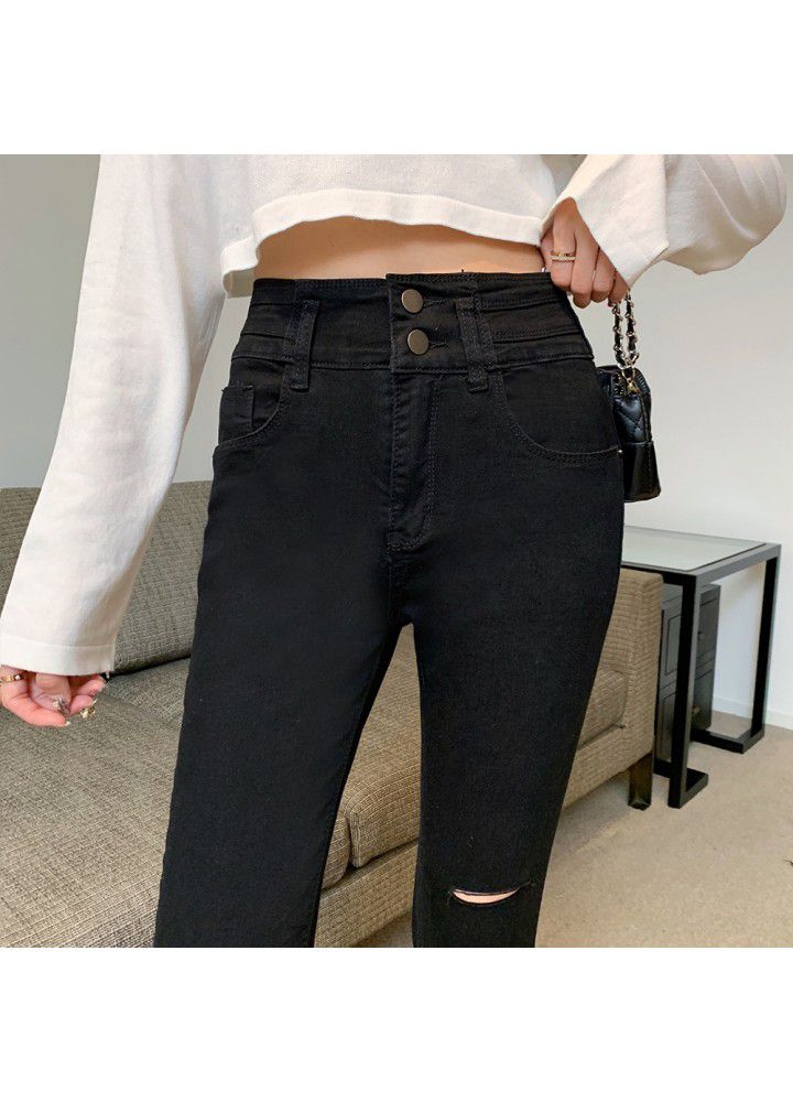 Spring 2021 new real shot hole casual jeans Leggings black elastic high waist tight pencil pants female