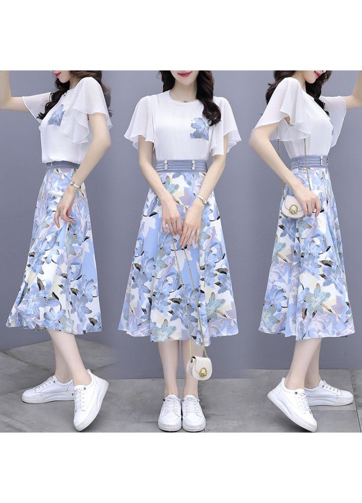 Skirt suit women's summer dress 2021 new slim T-Shirt Top printed half length skirt two piece women's dress