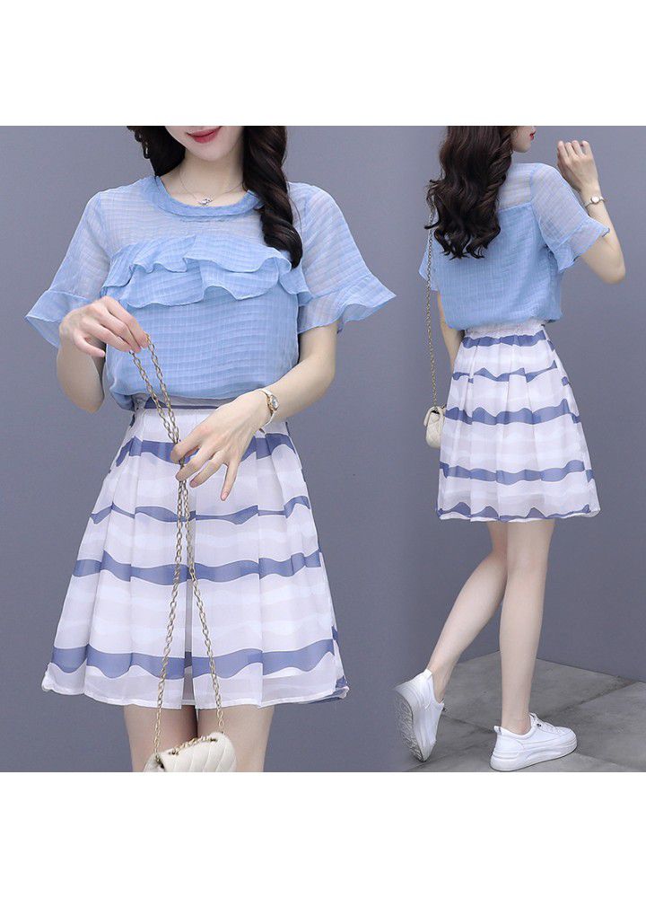 Skirt suit women's summer new dress 2021 show thin and small Fashion Chiffon Top Skirt two piece set