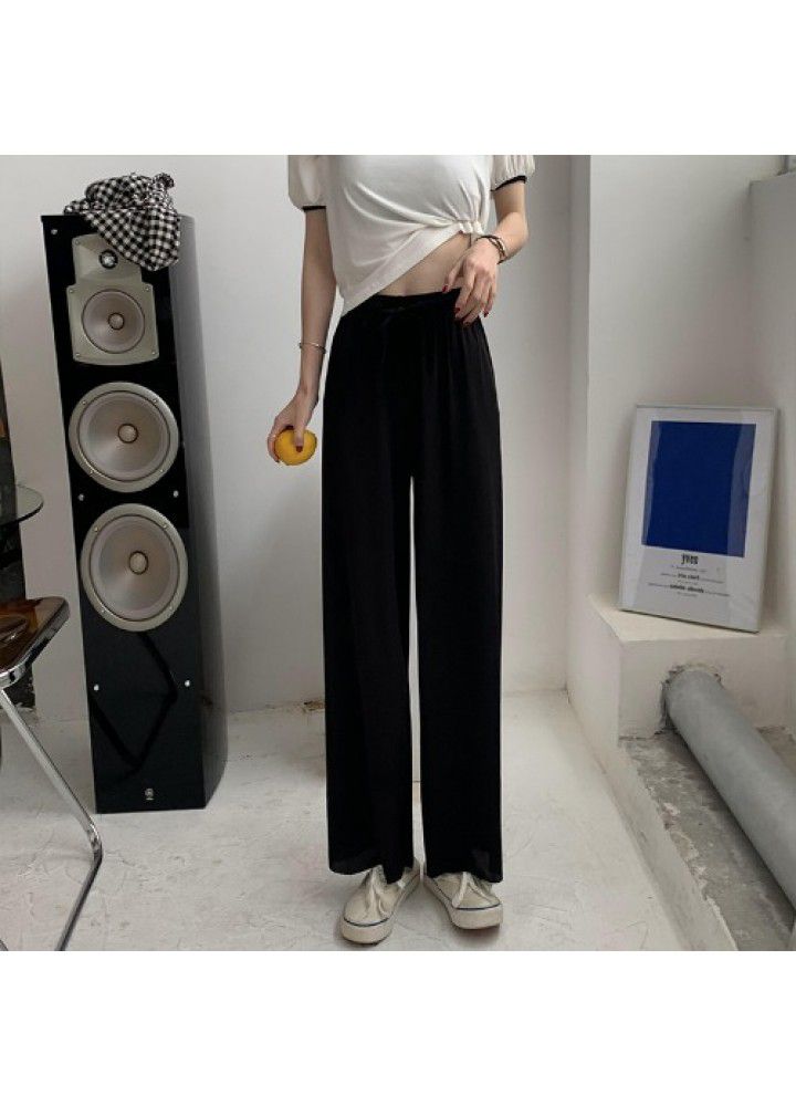 Ice silk wide leg pants women's high waist 2021 summer new thin vertical loose straight knitted casual pants