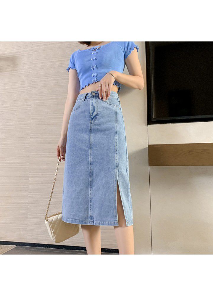 Summer new denim skirt, women's high waist slim, open fork fashion, middle and long buttock skirt, A-line women's dress