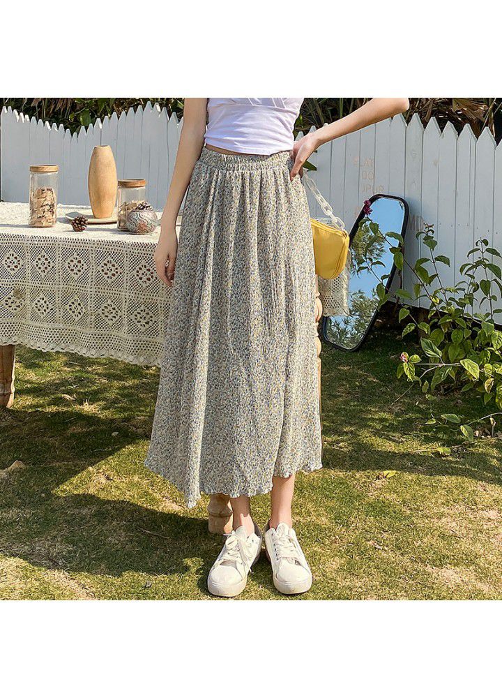 Real photo 2021 summer new chiffon skirt women's high waist pleated print A-line skirt medium length floral skirt