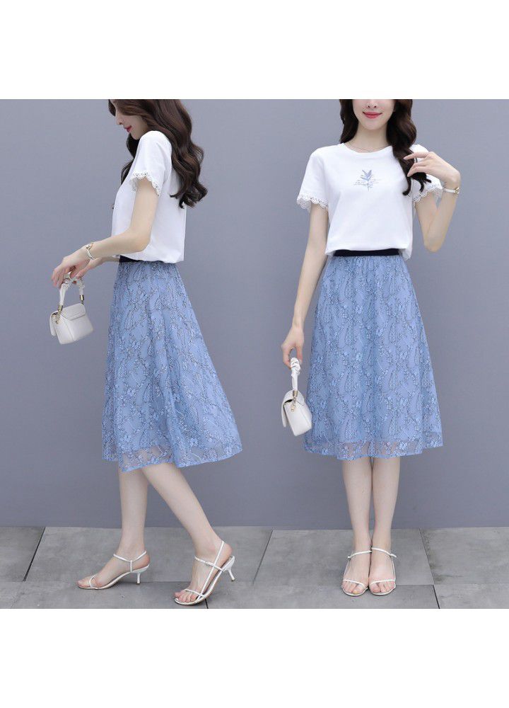 2021 summer new suit elegant temperament age reducing thin T-shirt gauze skirt women's two piece set