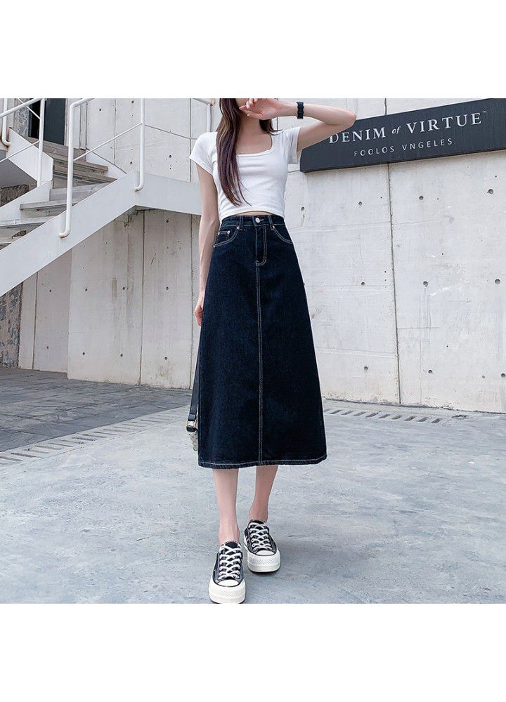 Denim skirt women's summer new cotton high waist loose and thin back split buttock A-line skirt factory direct supply