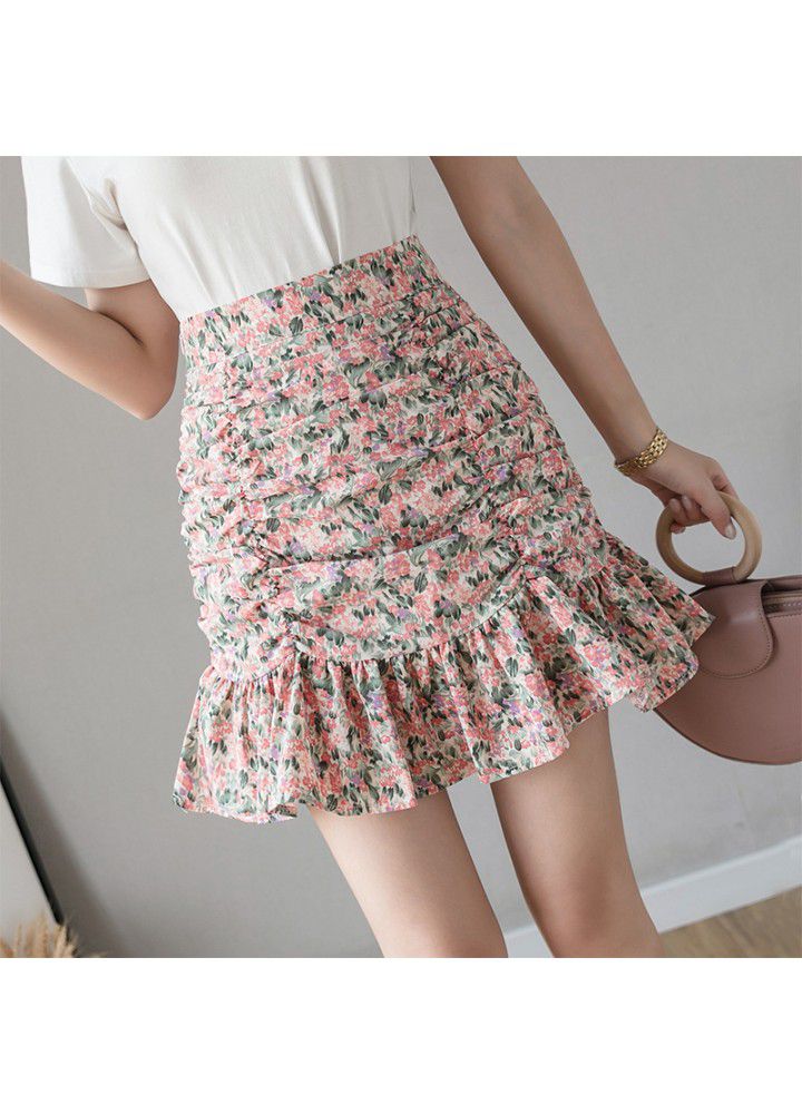 Real shot 2021 summer new Korean floral A-line short skirt, versatile high waist Ruffle Skirt