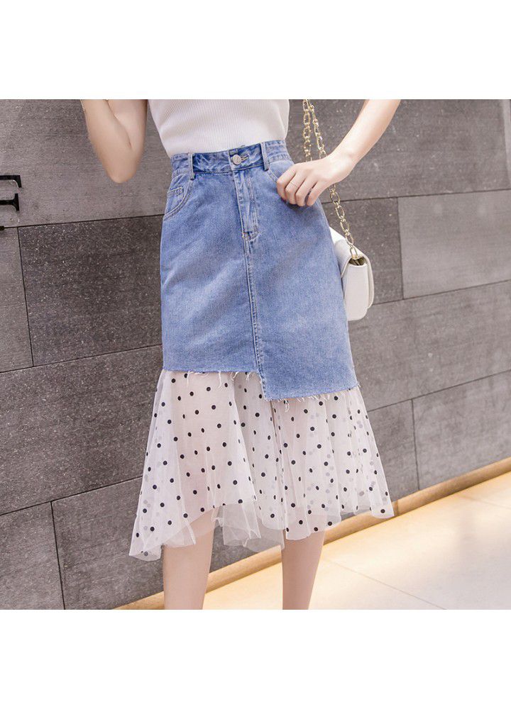Real photo 2021 summer new Korean splicing dot gauze denim skirt medium length high waist skirt for women