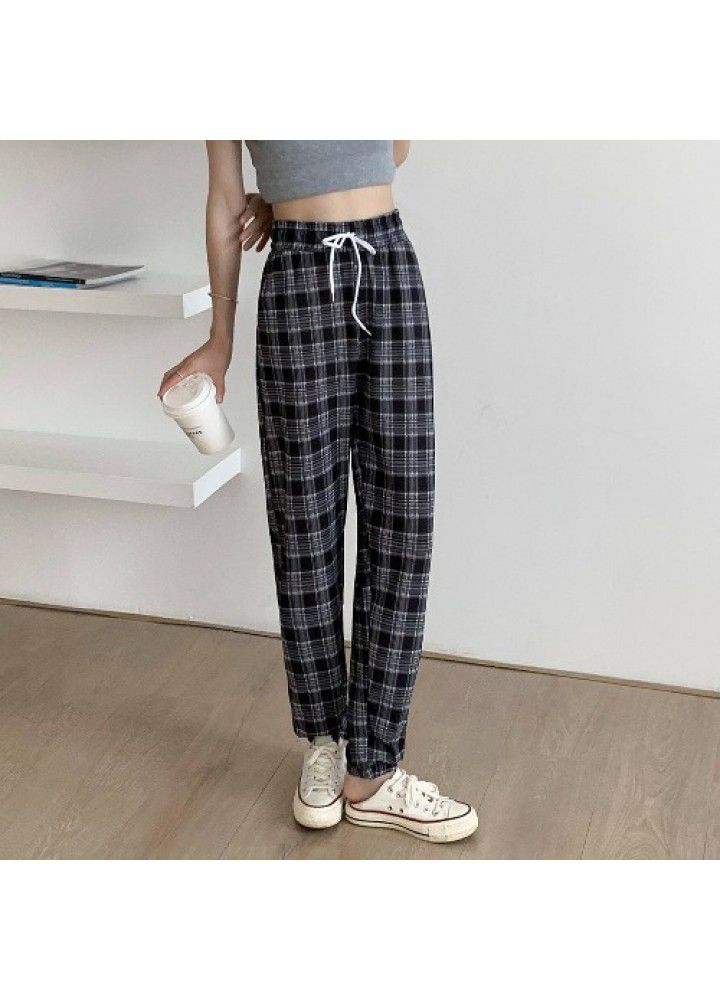 Plaid pants lantern pants summer thin loose wide leg net red casual drawstring quarter sport Leggings