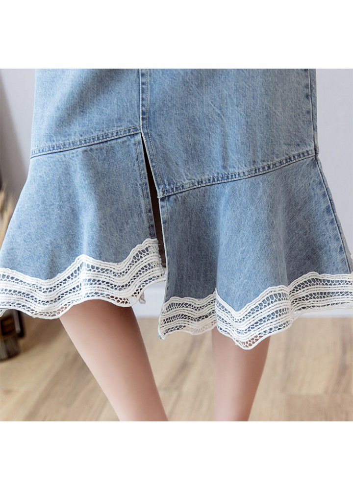Real shot 2021 summer new Korean versatile high waist lace splicing mid length denim skirt