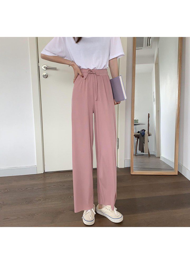 Ice silk wide leg pants women's high waist 2021 summer new thin vertical loose straight knitted casual pants