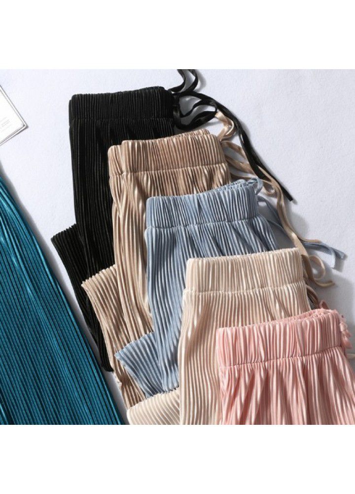 Pleated ice silk wide leg pants women's high waist drop 2021 summer thin loose long floor pants casual pants