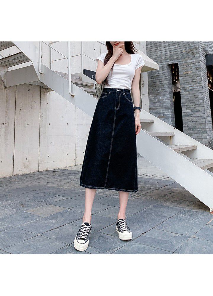 Denim skirt women's summer new cotton high waist loose and thin back split buttock A-line skirt factory direct supply