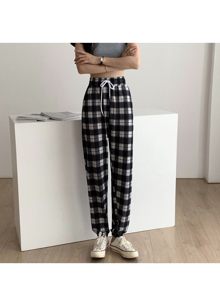 Plaid pants lantern pants summer thin loose wide leg net red casual drawstring quarter sport Leggings