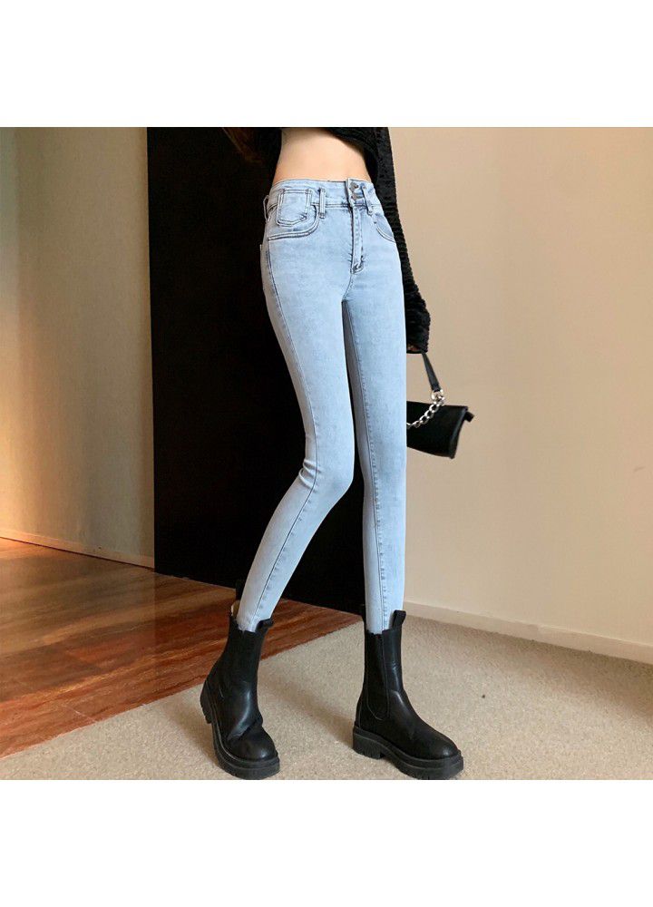 Real photo of beige jeans female 2021 spring new high waist slim tight elastic Leggings pencil pants fashion