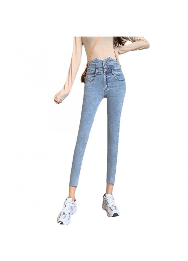 Spring and summer 2021 new Korean version net red high waist skinny jeans elastic tight nine point small foot pencil pants