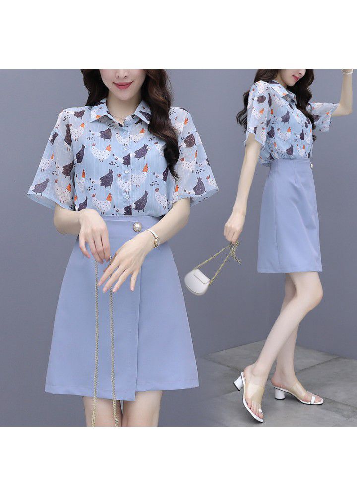 Western style suit skirt 2021 summer new women's temperament Chiffon Top with skirt two piece dress